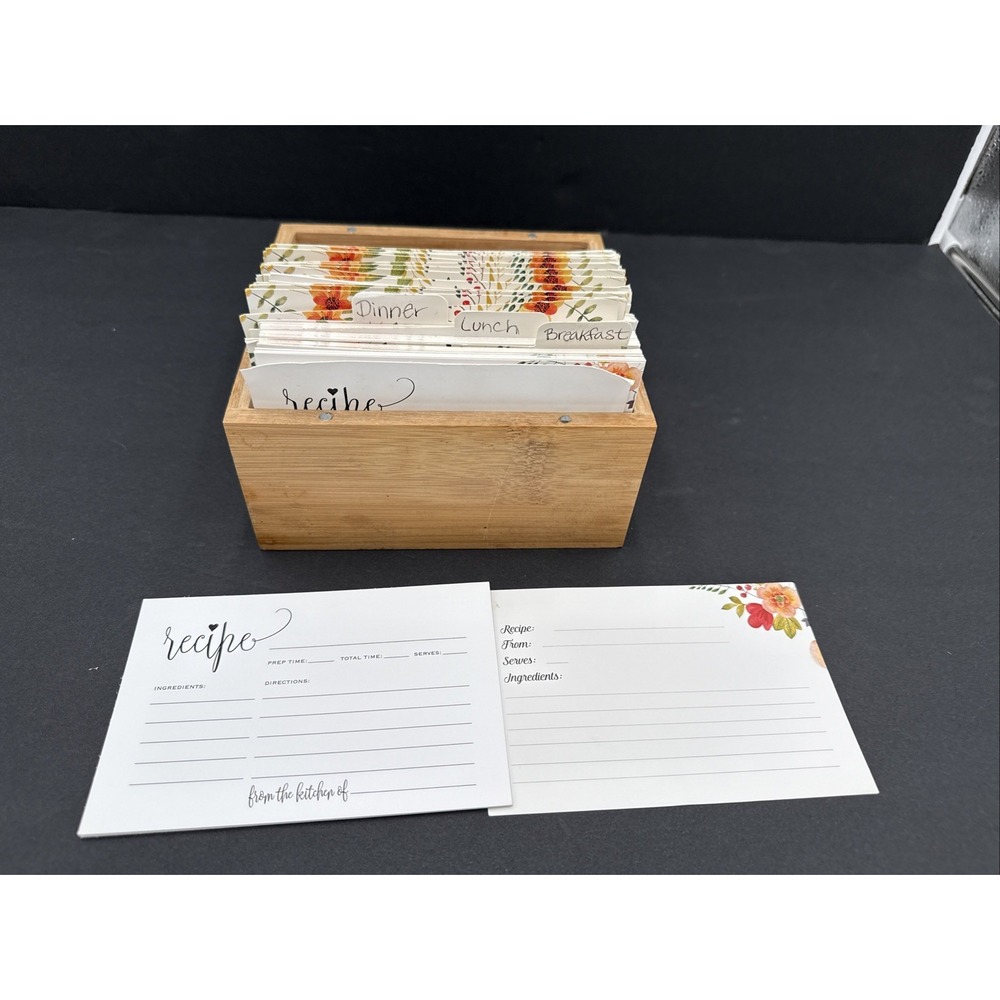 Wooden Recipe Box w/ Hinged Lid 7x5x3 Blank Cards Dividers